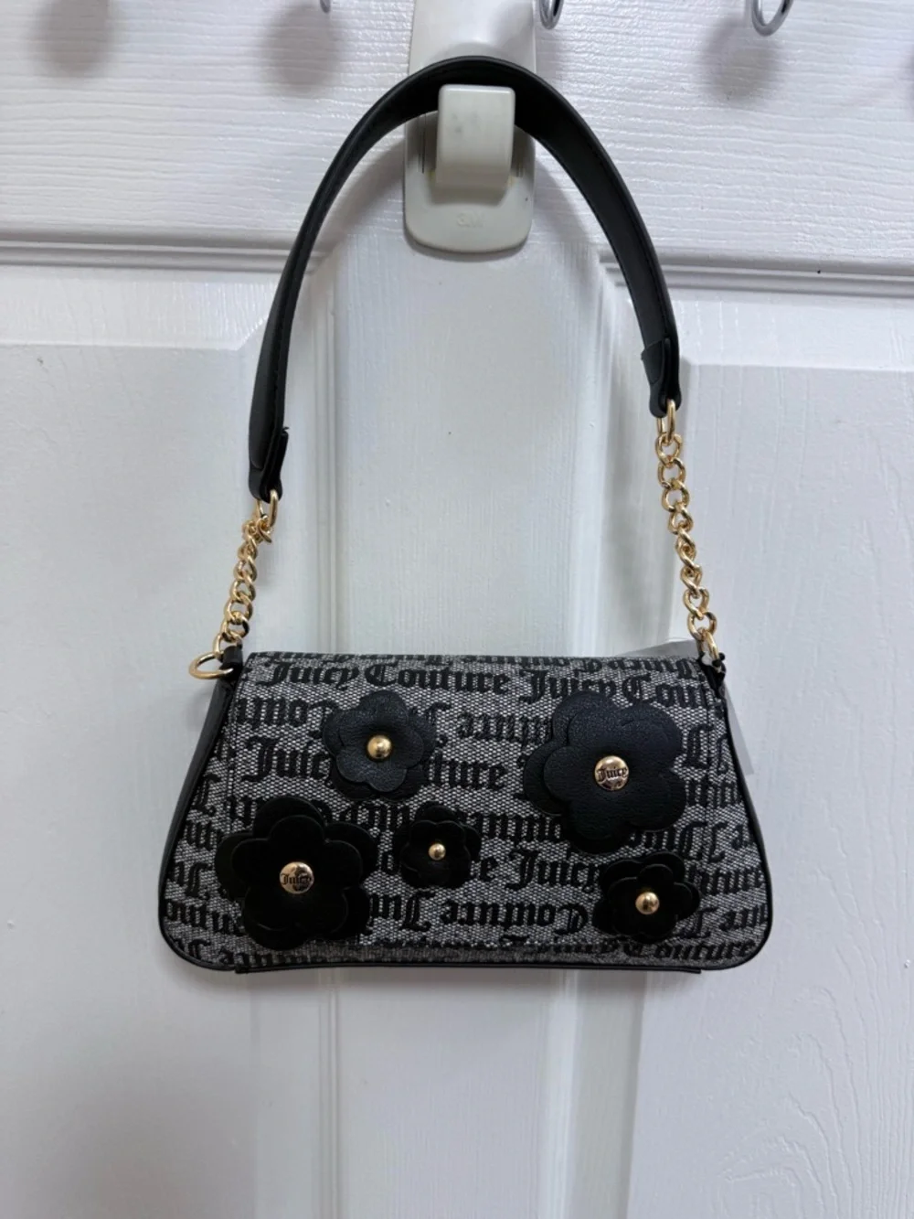 NWT Juicy Couture Bouquet Flap Floral Logo Shoulder Bag in Black Beige